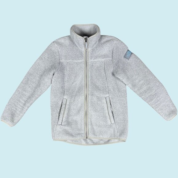 The North Face Campshire Jacket Girls Youth Large Sherpa Deep Pile Gray Blue Zip - Picture 1 of 7